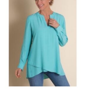Soft Surroundings Tunic Top Blouse Asymmetrical Hem Aqua Blue Large